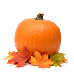 Halloween pumpkin with autumn leaves, seasonal concept, clean white background, isolated holiday elements, fall celebration, professional photography, commercial style