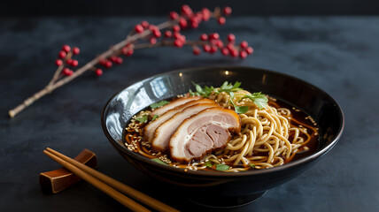 Delicious Asian Noodle Soup with Braised Pork Belly