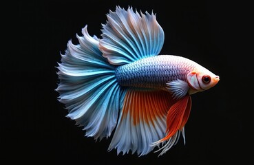 Vibrant betta fish isolated black background. Siamese fighting fish with stunning multi-color fins, blue, orange, white, red. Tropical aquatic pet, aquarium animal. Underwater wildlife design.