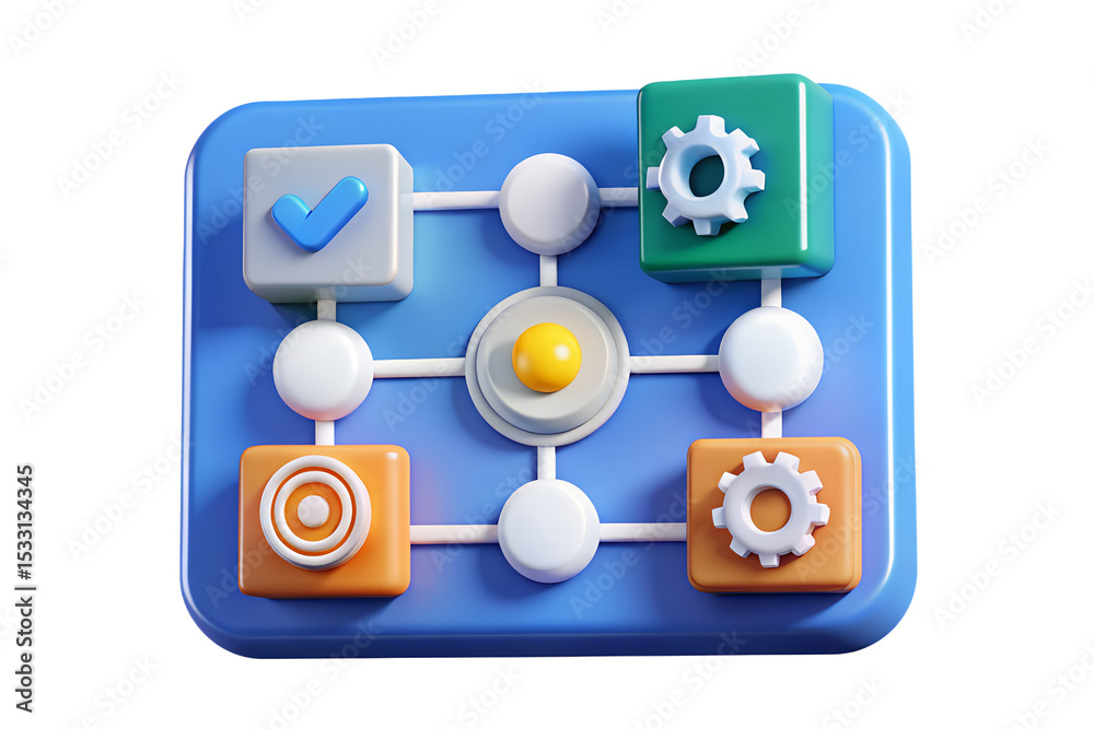 Poster 3d render of connected icons representing business processes and workflow
