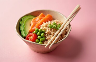 Poke bowl with fresh salmon, avocado, cucumber, tomato, peas, rice, parsley. Asian cuisine, healthy meal, fresh ingredients. Dish served with chopsticks on pink background. Healthy eating concept.