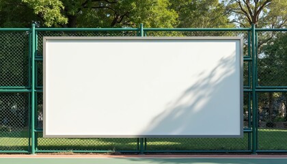 Large blank white poster mockup hanging on metal fence, playground park background. Empty advertising space. Billboard, signboard, advertisement, information display board. Mockup template with area