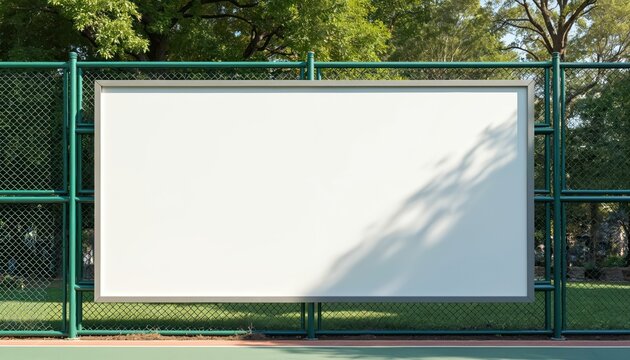 Large blank white poster mockup hanging on metal fence, playground park background. Empty advertising space. Billboard, signboard, advertisement, information display board. Mockup template with area - Powered by Adobe