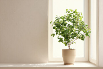 Fototapeta premium lush green plant in simple pot placed on bright windowsill bathed in warm sunlight
