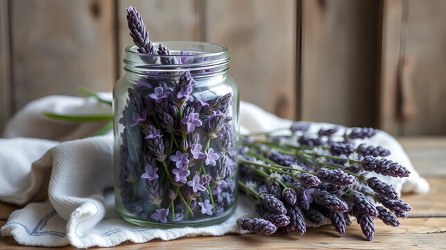 A glass jar full of freshly harvested lavender blossoms in vintage traditional environment with homemade corf and towel