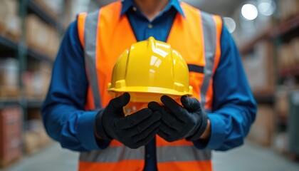Fototapeta premium Worker with yellow hard hat safety gear. Focus on legal rights, employment law protection. Pro in warehouse, distribution center. Industrial safety, workers protection, labor regulations at