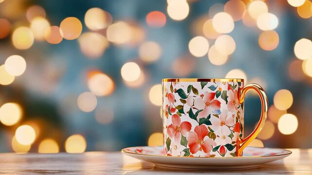 Floral Elegance: A beautifully decorated teacup and saucer sit gracefully on a wooden surface, against a backdrop of blurred lights, evoking a sense of warmth, comfort, and a serene atmosphere.
