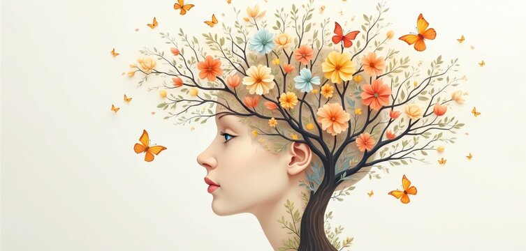 Artistic illustration of woman profile tree with flowers butterflies. Positive thinking concept mental health, self care theme. Creative mind, well-being, therapy, inspiration. Calm emotion. Happy