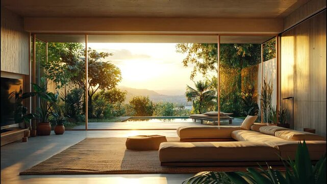 Open modern living room with panoramic glass wall view of bright sunny outdoor garden with warm glow. 
