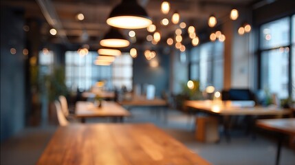 Cozy Coworking Space with Warm Accent Lights in Defocused Environment
