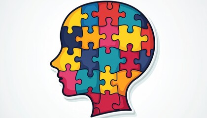 Illustration of human head silhouette filled with colorful puzzle pieces. Represents autism, neurodiversity, mental health awareness. Jigsaw concept complexity of mind, cognitive function, problem