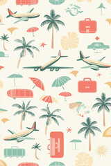 Travel-themed seamless vector with airplanes and tropical luggage for commercial background or presentation