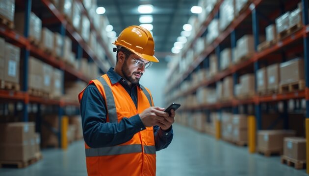 Warehouse worker uses smartphone checking inventory. Man in safety gear with hard hat. Logistic pro at industrial storage building, technology app online, working. Modern tech, employment.