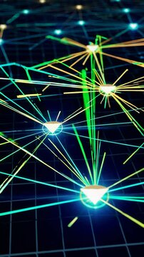 Glowing network of interconnected digital nodes on grid surface
