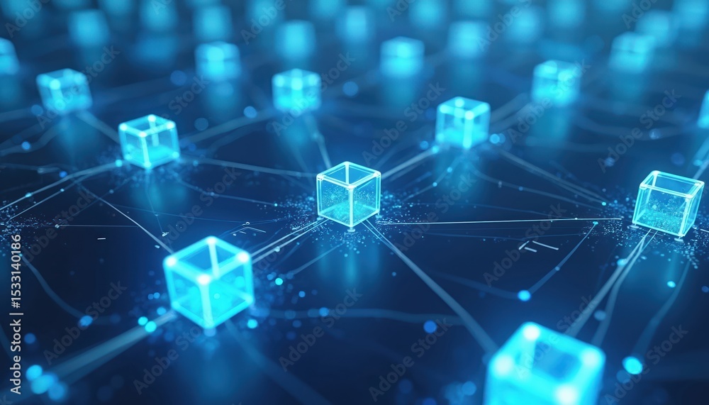 Poster network of linked glowing blue boxes. connection concept, data flow, digital system. cyber world, mo