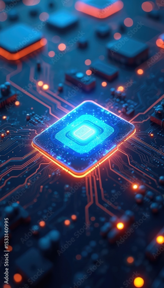 Poster Cyber security tech background with glowing central processing unit. Circuit board design with glowing lines, dots, chips. Digital data protection concept for data encryption, information, networks,