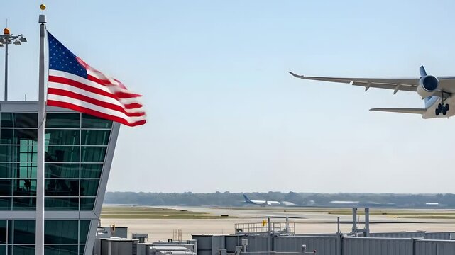 Airplane takes off, representing travel industry, business trips, and global economy, U.S. flag waving. For destinations, commerce, and American themes, USA, airport.