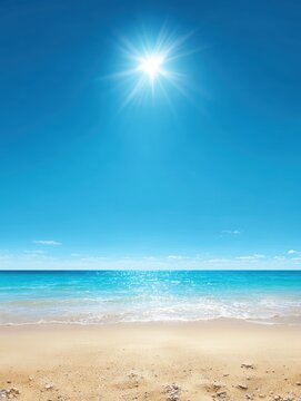 Bright midday sun shining over a tranquil beach with clear blue sky and gentle ocean waves