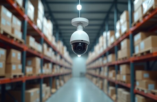 Surveillance camera monitors warehouse premises. Security system, video monitoring, recording, guarding facility. CCTV technology helps prevent illegal activity. Smart security tech for protecting