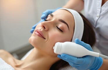 Woman on radiofrequency skin tightening facial treatment. Non-surgical face lift procedure for wrinkle reduction, skin rejuvenation. Beautiful client, spa treatment for youthful glowing skin.