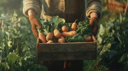 farmer holding wooden box full of fresh vegetables. harvesting season. basket with vegetables in the hands of a farmer background, healthy, organic, food, agriculture