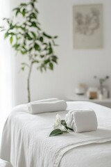 Beautiful spa elements on the massage table in the wellness center. Massage on light wooden background. blur living room, natural creams and moisturizing Healthy lifestyle