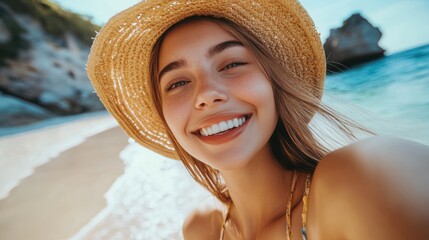 closeup shot of a good looking female tourist. Enjoy free time outdoors near the sea on the beach. Looking at the camera while relaxing on a clear day Poses for travel selfies smiling happy tropical