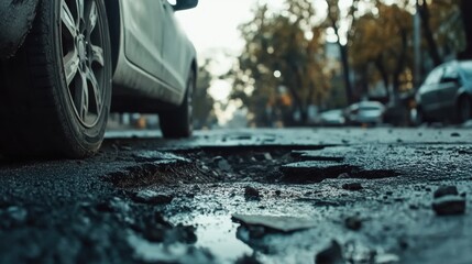 car wheels running and closed up Very bad quality street with potholes. have tree. Damaged asphalt pavement road with potholes in city, dangerous, broken, garage