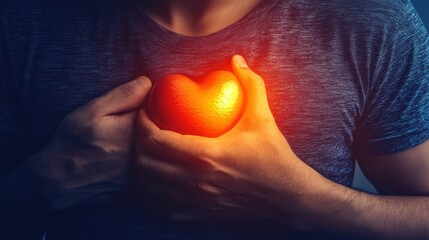 hand hold chest with heart attack symptoms, working hard have chest pain caused by heart disease, leak, dilatation, enlarged coronary heart, press on the chest with a painful expression