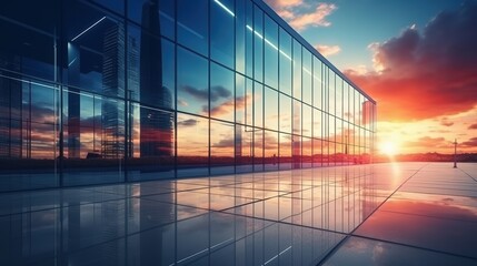 Modern office building or business center. High-rise window buildings made of glass reflect the clouds. empty street outside  wall modernity civilization. growing up business