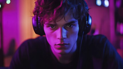 pro gamer man in headphones live streaming while playing online computer game, neon lights, esports,  gaming, monitor, play, young, player, internet, enjoyment, cyber,