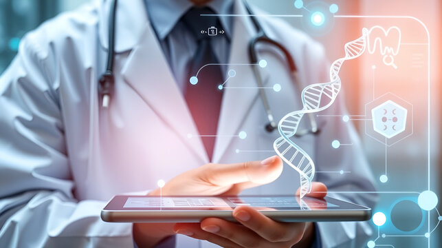Medicine doctor touching electronic medical record on tablet. DNA. Digital healthcare and network connection on hologram modern virtual screen interface, medical technology and futuristic concept.