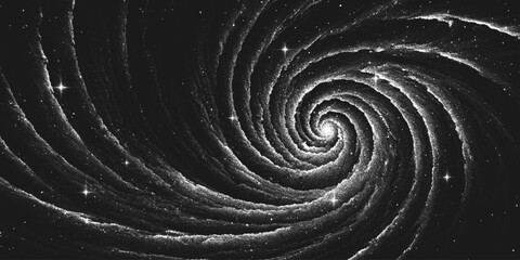 Deep space scene background in stippling style with amazing huge spiral nebula in universe. Great Attractor. Retro styled dotwork. Pointillism. Noisy grainy shading using dots. Vector illustration