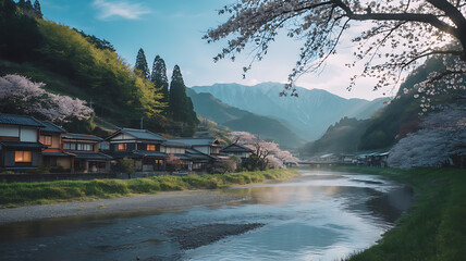 Serene Japanese Village at Dawn with Cherry Blossoms