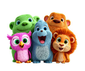 Colorful animated characters in a cheerful group setting on a transparent background, cut out