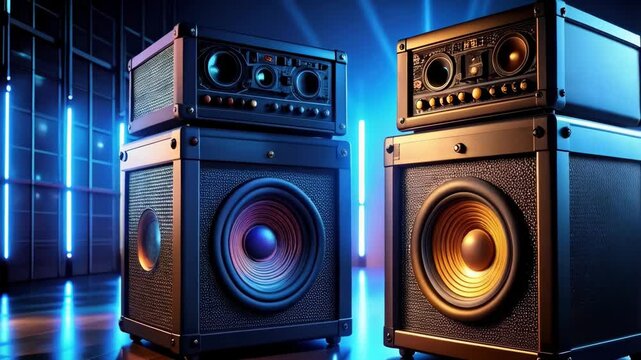 Amplifiers speakers stacked in a music room with neon lights, vintage musical audio equipment for recording and live performance