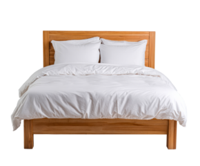 Cozy bedroom setup with soft linens and wooden bed frame on a transparent background, cut out
