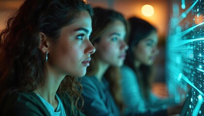 Young women analyze data tech screen. Modern business, digital age, AI, education concept. Female team work in office. Data science, future tech, online learning. Modern workplace, cybersecurity,