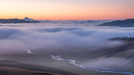 Serene Sunrise over Misty Mountain Valley