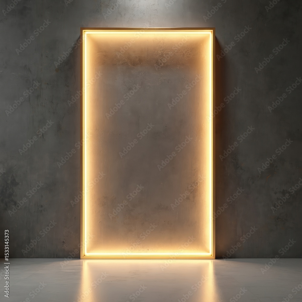 Poster minimalist design with bold rectangular frame, light flares. sophisticated look. clean space for art