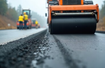 Asphalt paver resurfaces highway road with construction equipment and workers nearby. Industry industrial machinery and workers are engaged in various construction tasks. Road repair process.