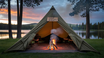 Camp Serenity: Sunset at a Lakeside Campsite