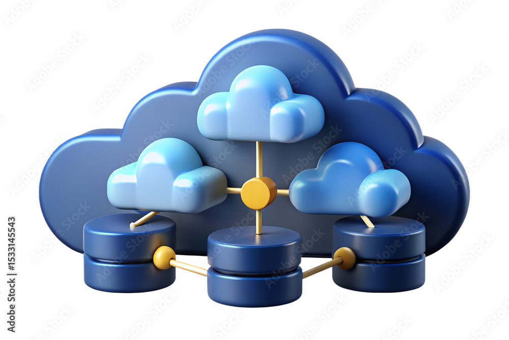 Poster 3d illustration of cloud computing network with data servers and cloud icons