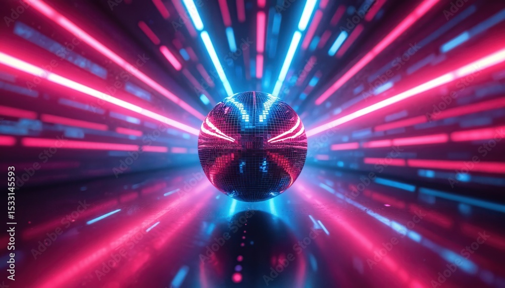 Poster abstract disco ball in neon tunnel. bright pink, blue lights create futuristic space. digital art wi