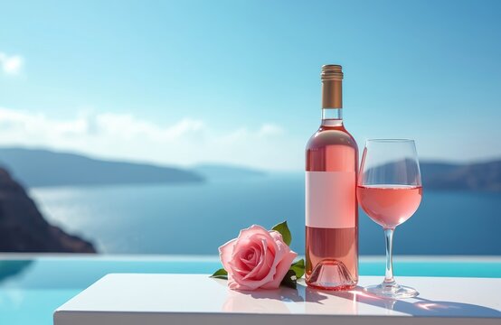 Bottle pink wine, glass, rose flower, Santorini island seascape background. Pastel colors, romantic scenery. Ideal marketing, advertising winery, vineyard concept, special occasion, leisure,