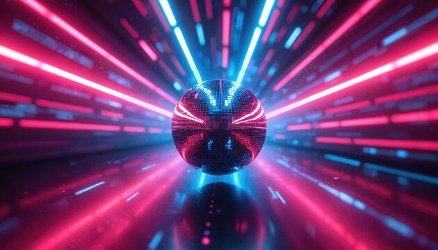 Abstract disco ball in neon tunnel. Bright pink, blue lights create futuristic space. Digital art with glowing sphere, tunnel effect. Modern tech, party atmosphere. Glowing lines create speed, motion.