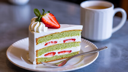 Delicious Matcha Green Tea Cake with Strawberries