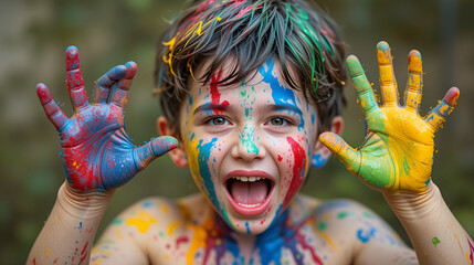 Little boy covered in paint naughty and waving hands. Mischievous child.
