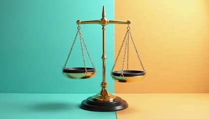 Golden balance scale on teal orange split background. Justice fairness equality. Legal concept of balance truth. Court system, legal decisions. Represents law, authority, civil rights, ethical