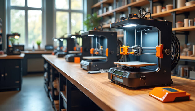 Modern maker space featuring 3D printers. Workspace with multiple devices, technology used for digital design, manufacturing. Innovation in progress. Development of new products, prototypes in - Powered by Adobe